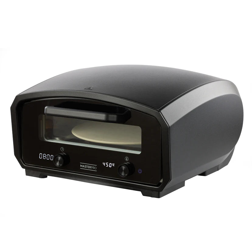 Black pizza oven with digital display on a white background