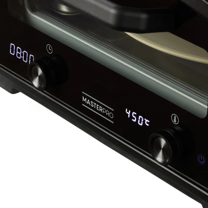Close-up of a MasterPro kitchen appliance with digital display and control knobs.