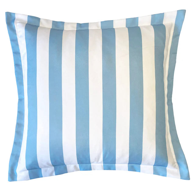 Striped pillow with blue and white vertical stripes on a white background