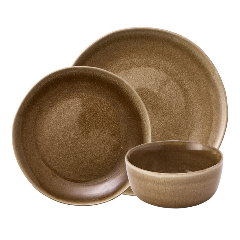 Brown ceramic dinnerware set with two plates and a bowl on a white background