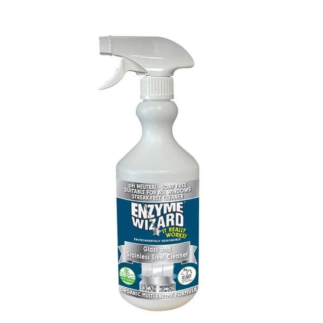 Enzyme Wizard glass and stainless steel cleaner bottle on a white background