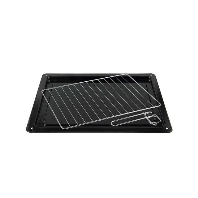Black baking tray with a metal cooling rack on a white background