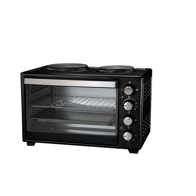 Black oven with glass door and control knobs on a white background
