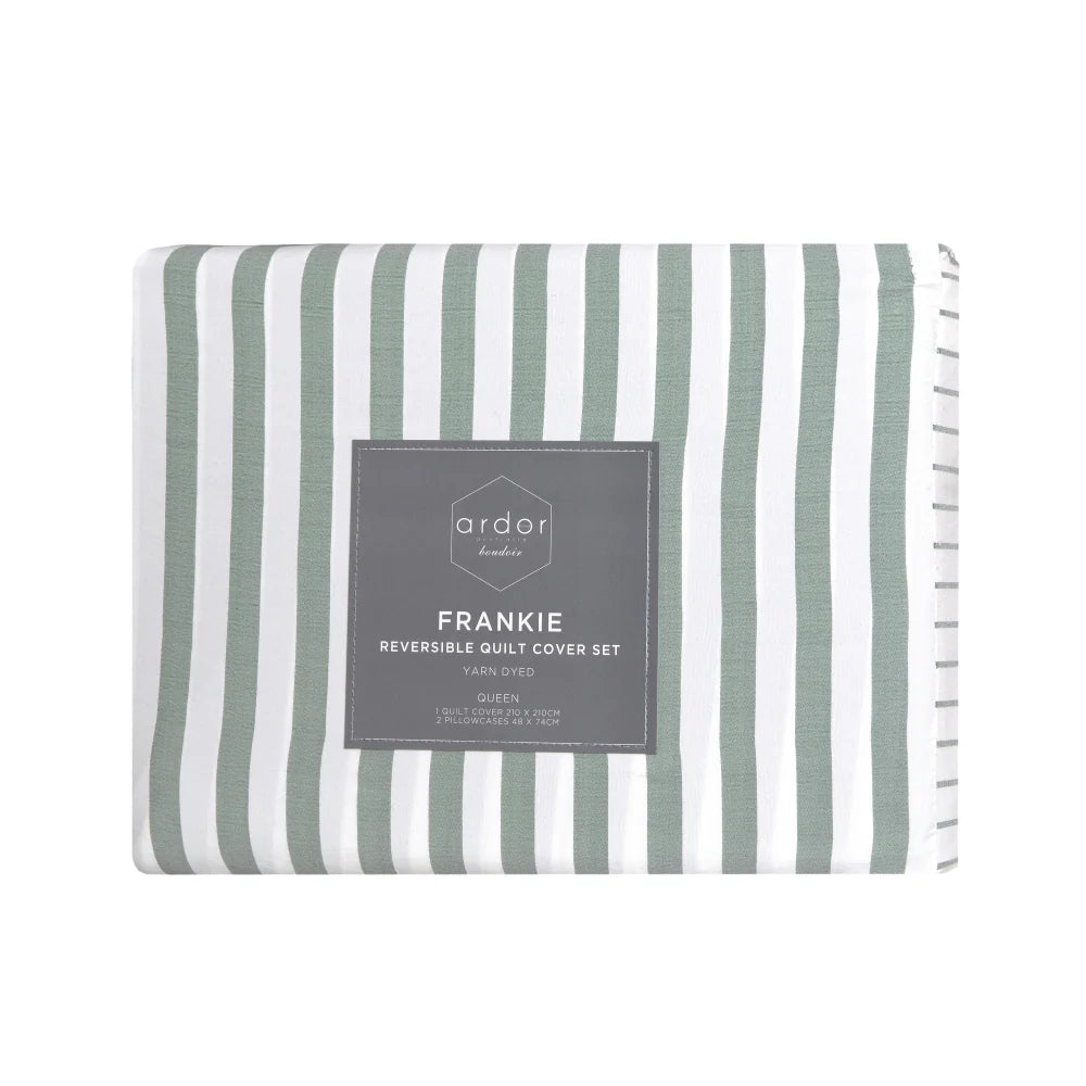 Striped quilt cover set with Ardor label on a white background