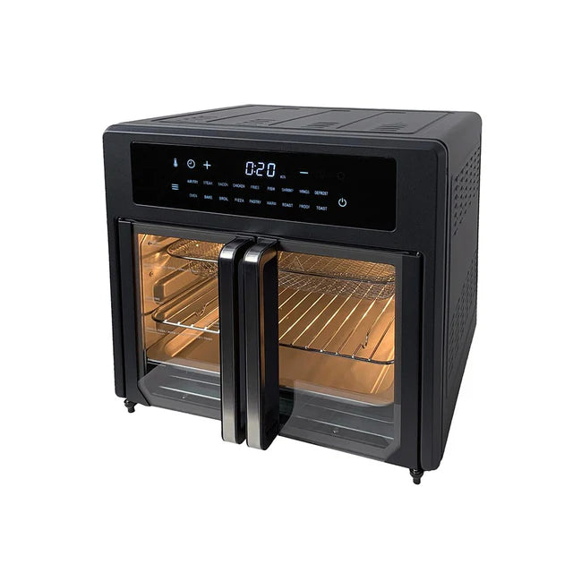 Black digital oven with open door on a white background