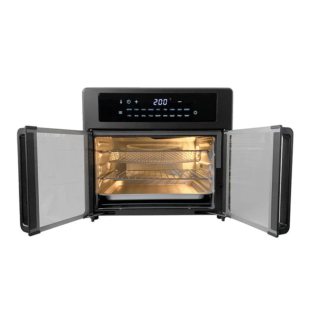 Black oven with digital display and open door on a white background
