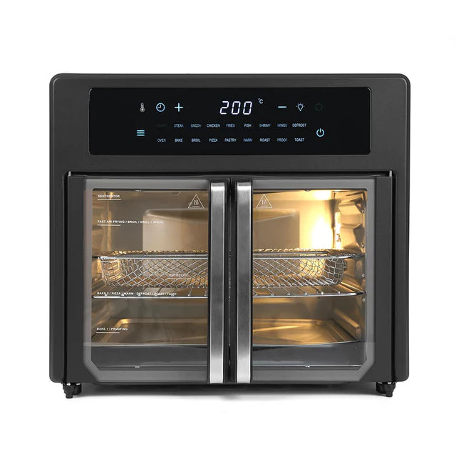 Digital oven with glass door on a white background