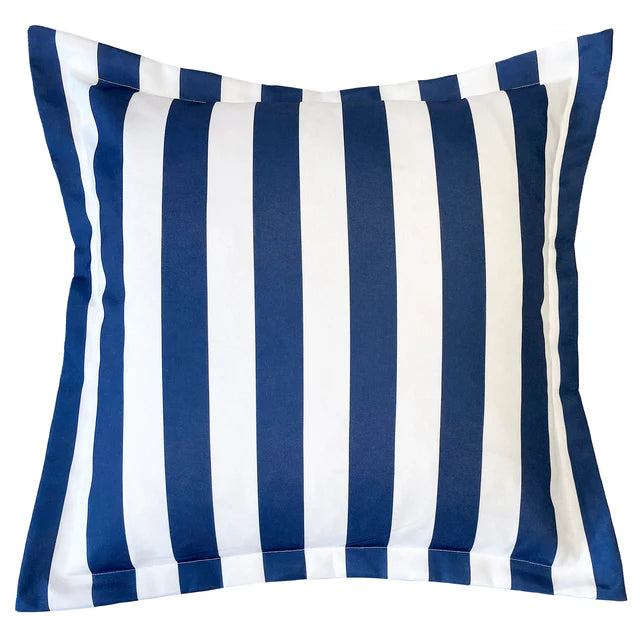 Navy and white striped pillow on a white background