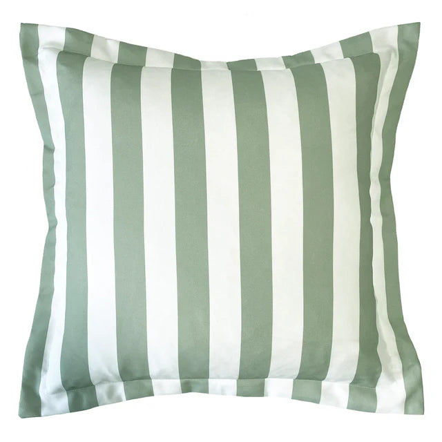 Striped pillow with green and white vertical stripes on a white background