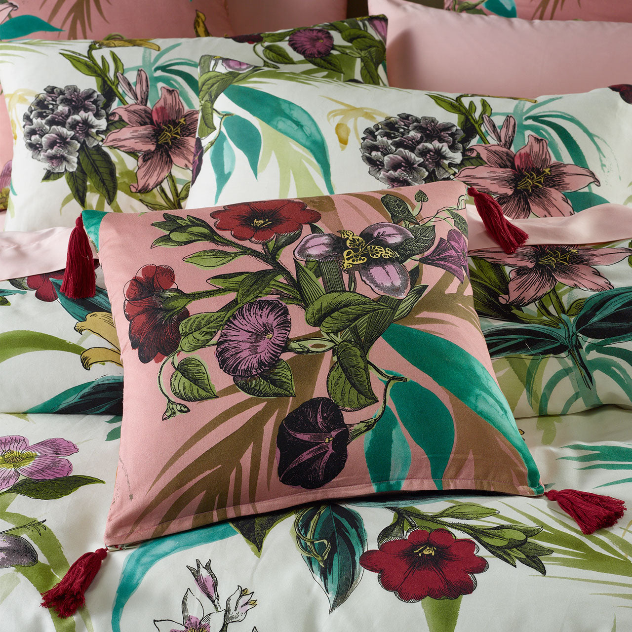 Zoomed in shot of Adele Cushion Cover on bed