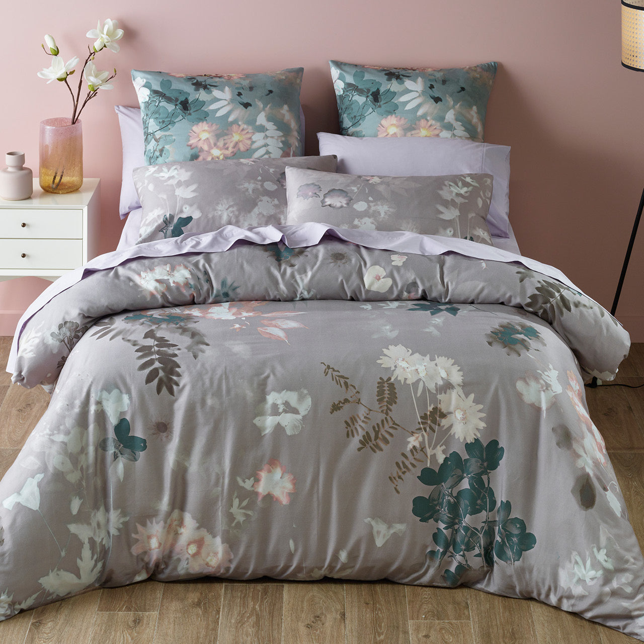 Zoomed out shot of Aleria Quilt Cover Set on bed