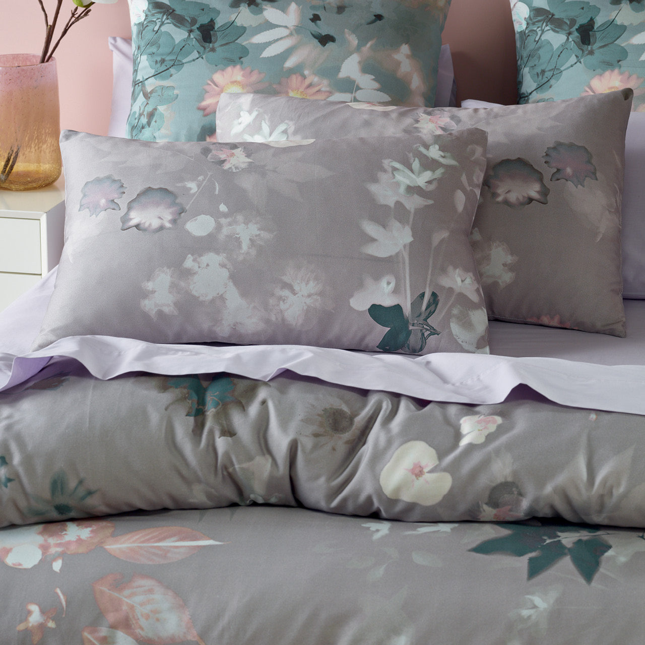 Close up shot of Aleria pillowcases on bed