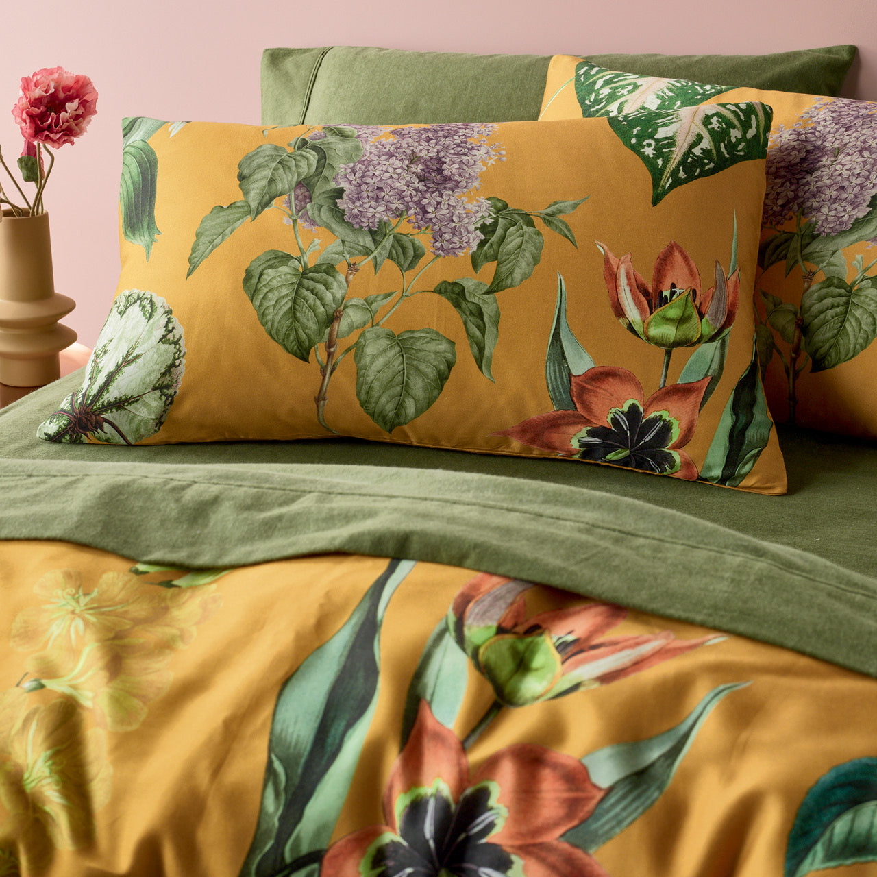 Close up shot of Aletta pillowcases on bed