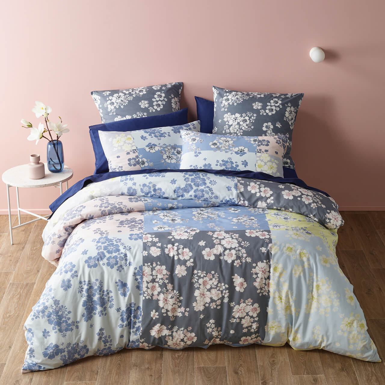Zoomed out shot of Amelia Quilt Cover Set on bed