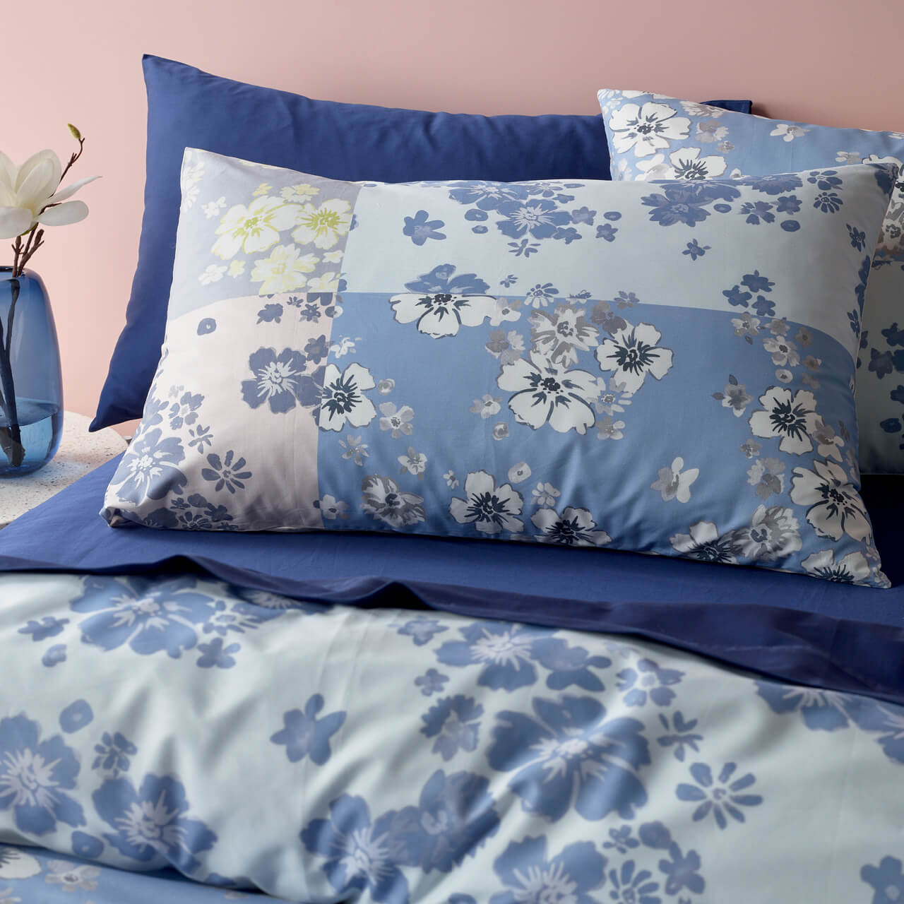 Close up shot of Amelia pillowcases on bed