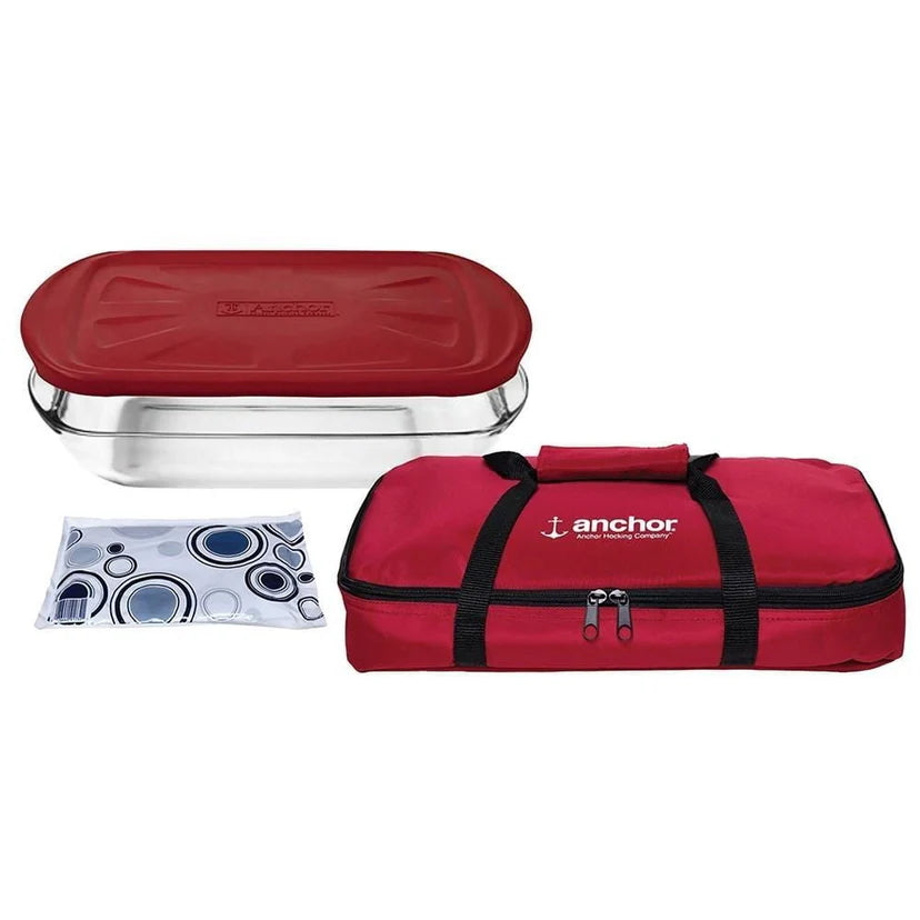 Anchor Hocking Bake n Take Glass Food Container & Hot/Cold Pack Set Red
