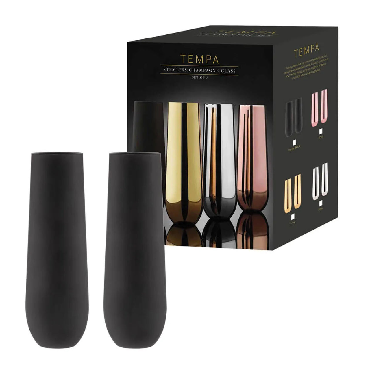 Aurora Stemless Champagne Glasses Black next to box