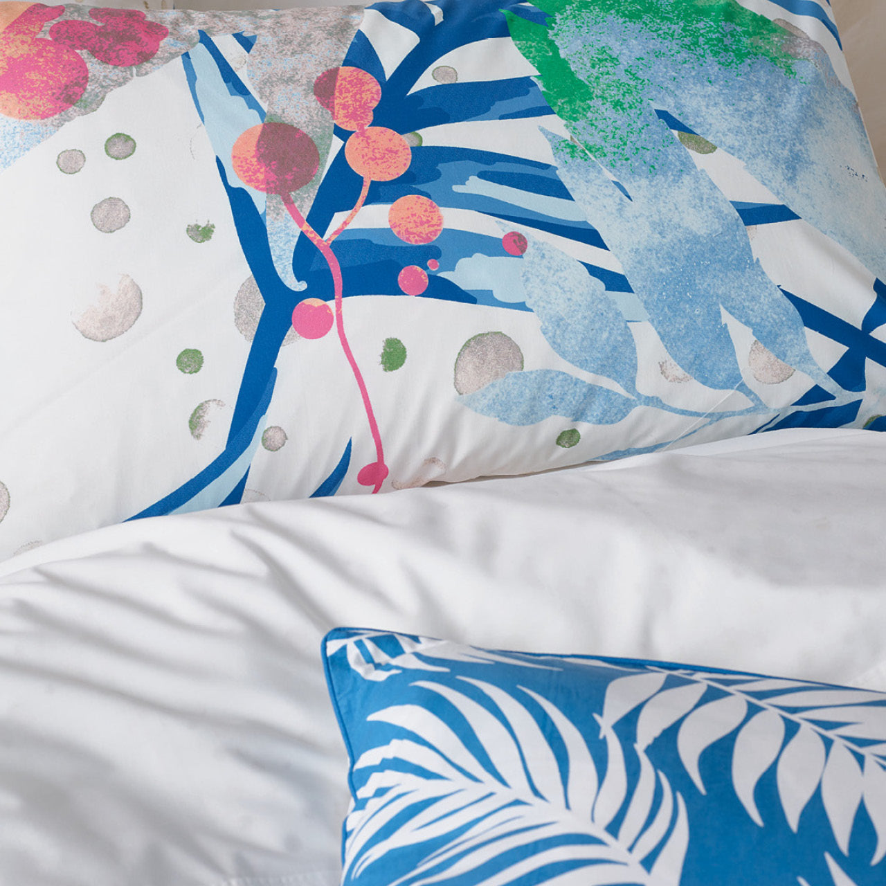 Close up shot of Avoca pillowcases on bed
