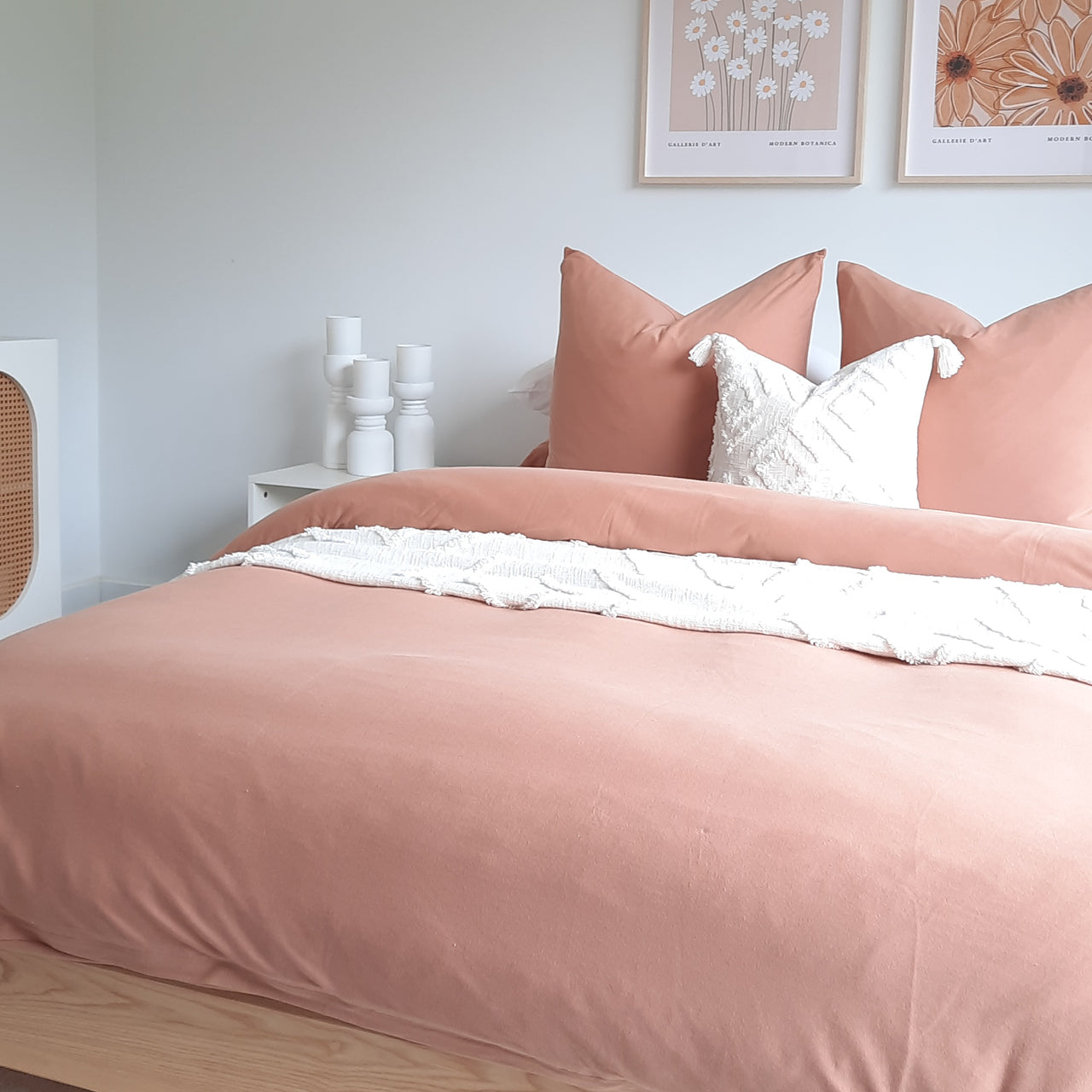 Side on shot of Bailey Quilt Cover Set styled on bed