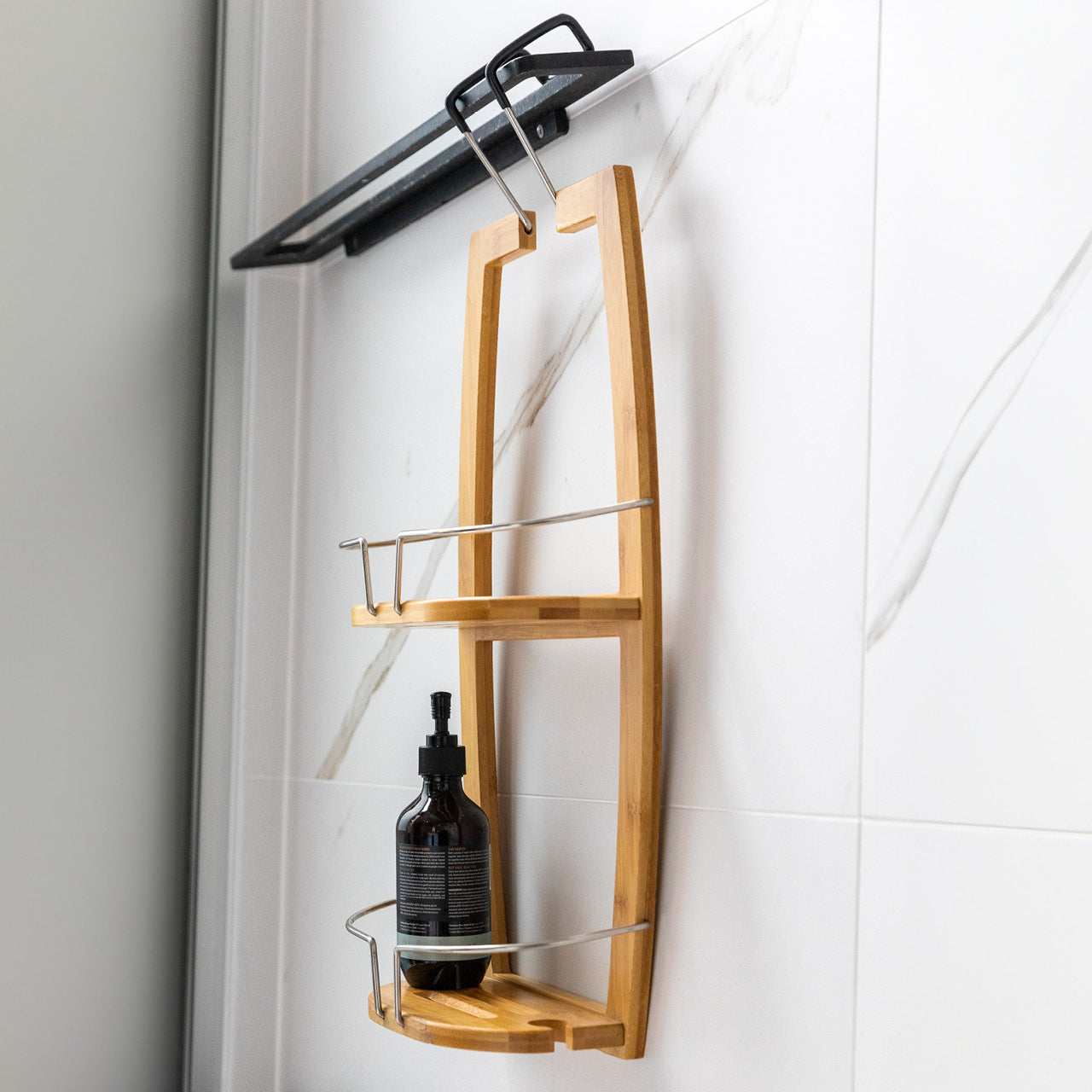 Bamboo Shower Caddy in shower with soap inside