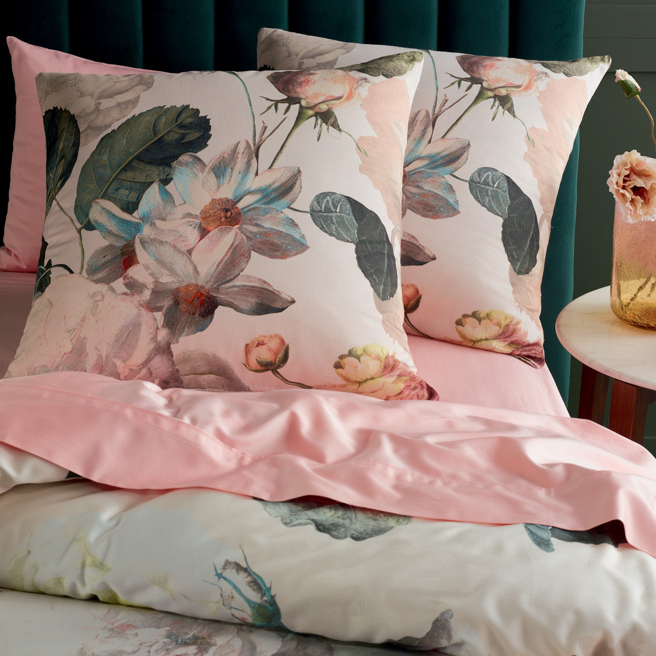 Zoomed in shot of Bloom European Pillowcases on bed