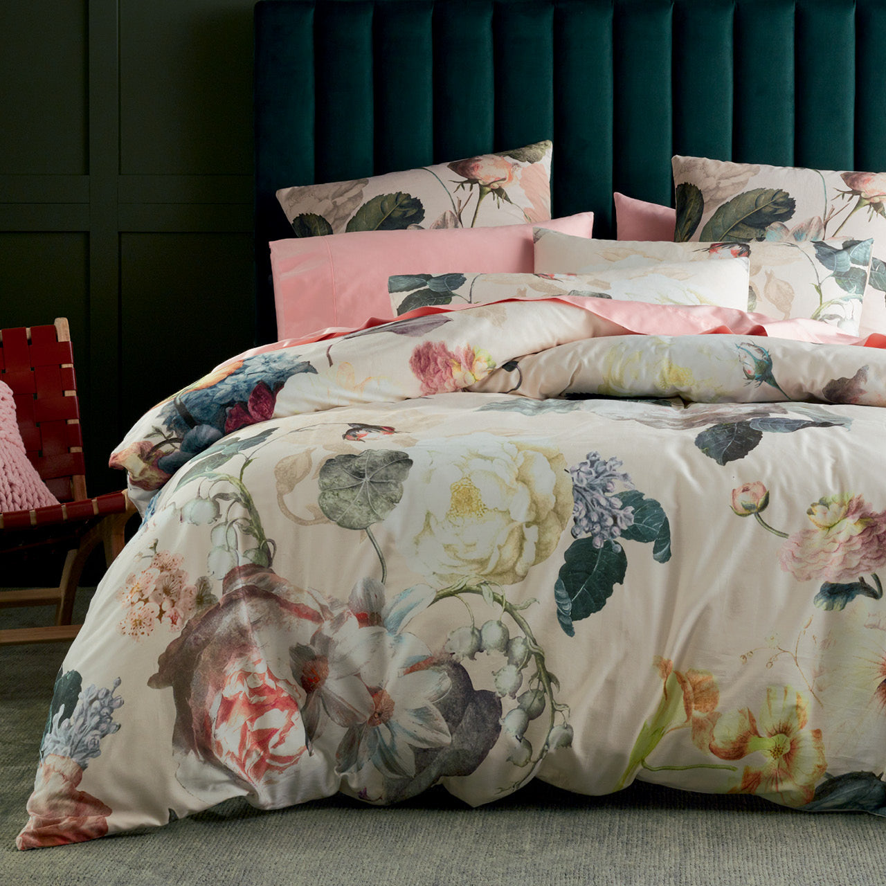 Front on shot of Bloom Quilt Cover Set styled on bed