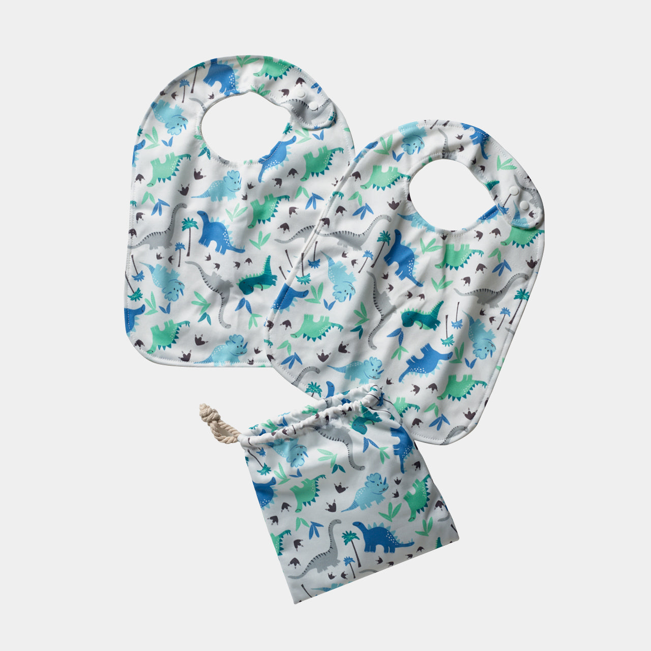 Dinosaur Bibs and bag on a white background