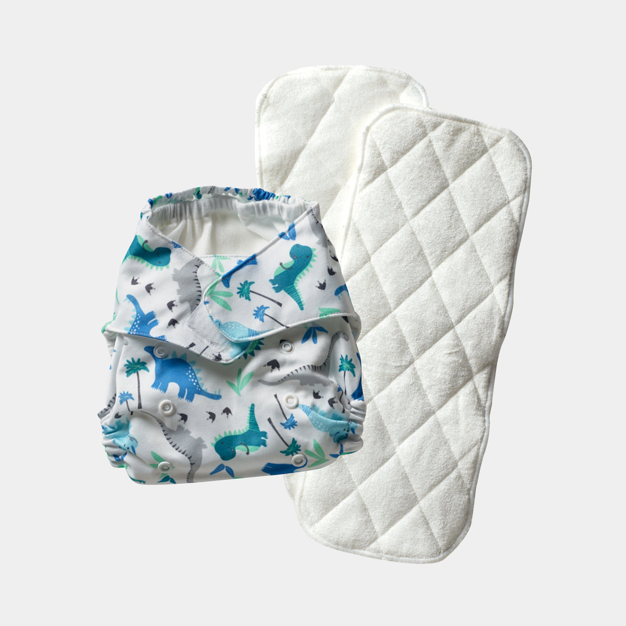 Dinosaur Reusable Nappy and liners on a white background