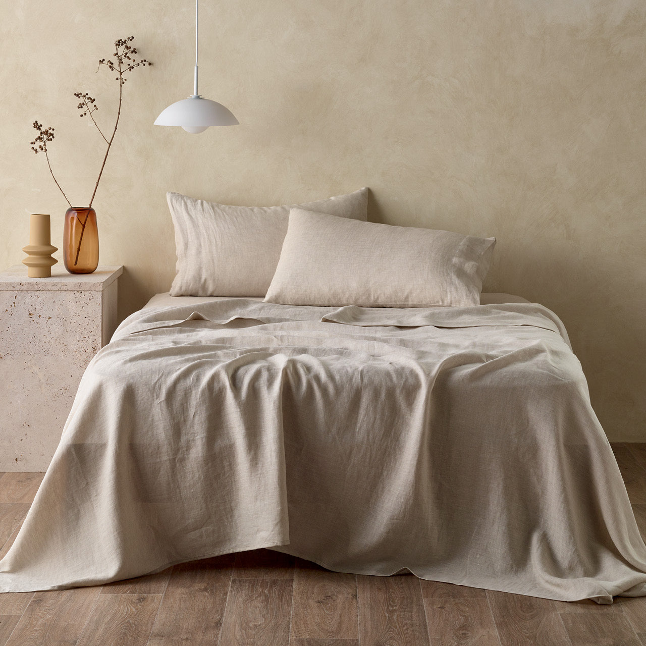 Front on shot of Elayna Natural Sheet Set on bed