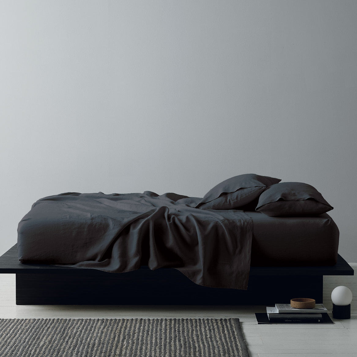 Lifestyle shot of Elayna Charcoal Sheet Set on bed