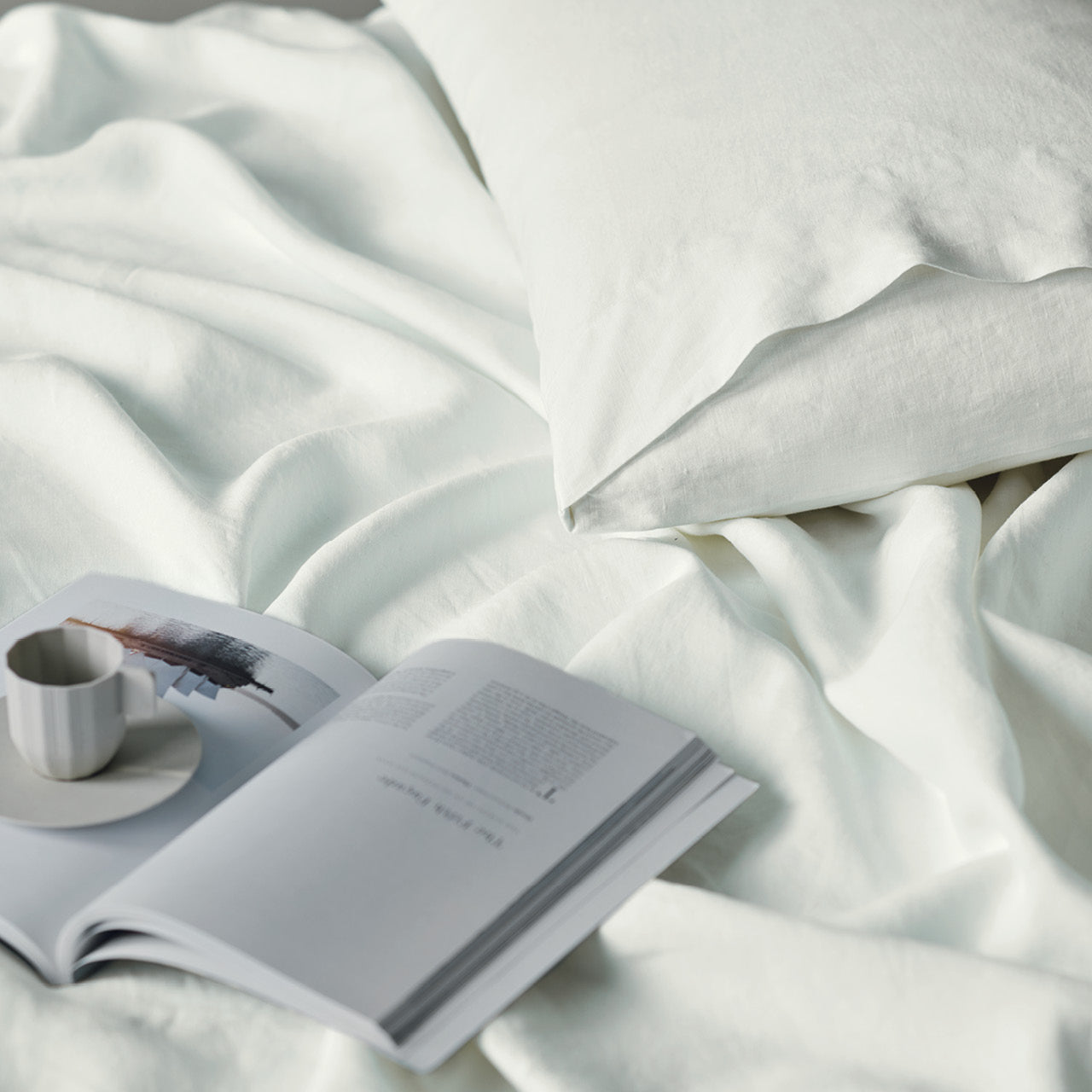 Zoomed in shot of Elayna Silver Sheet and Pillowcase on bed with magazine