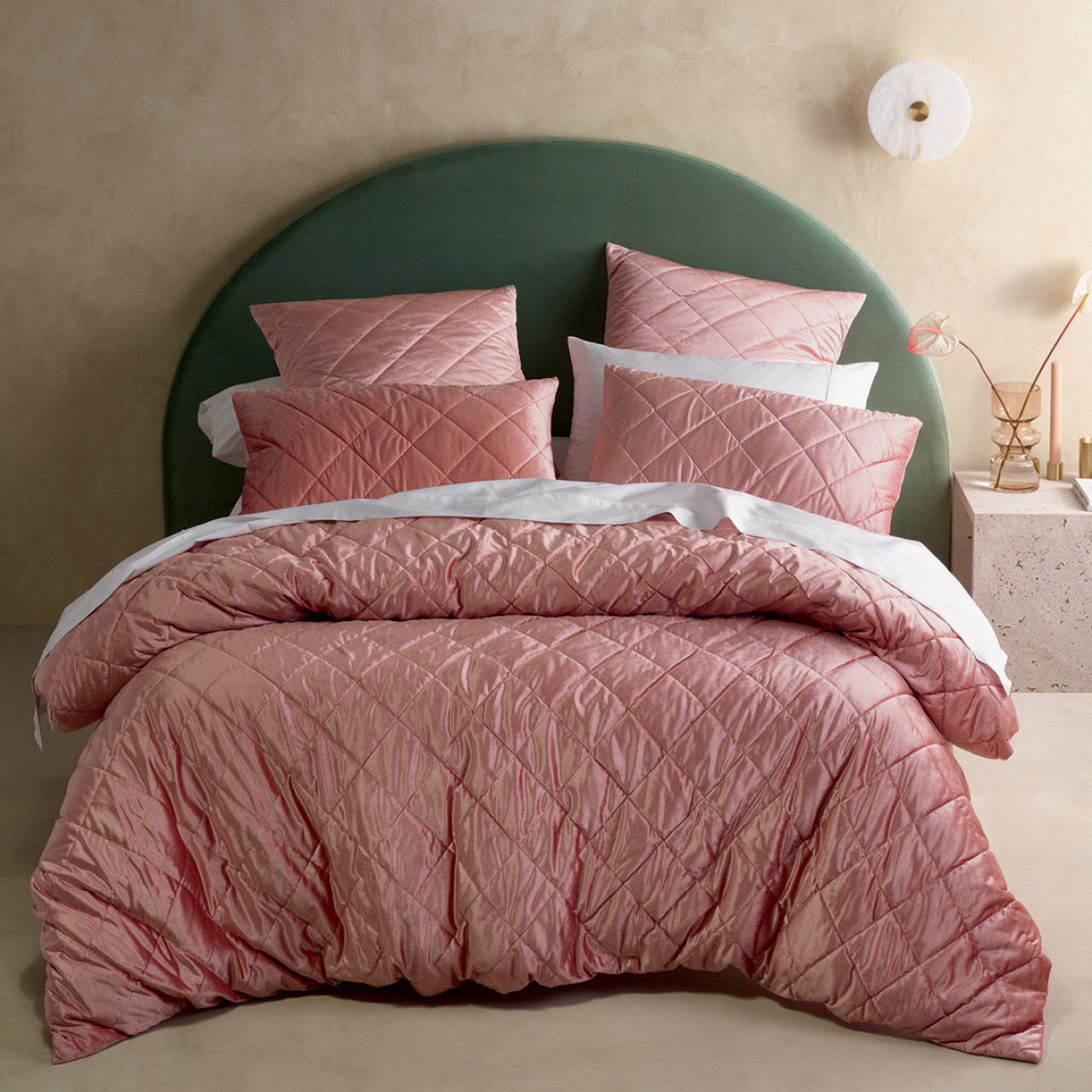 Zoomed out shot of Florence Quilt Cover Set on bed