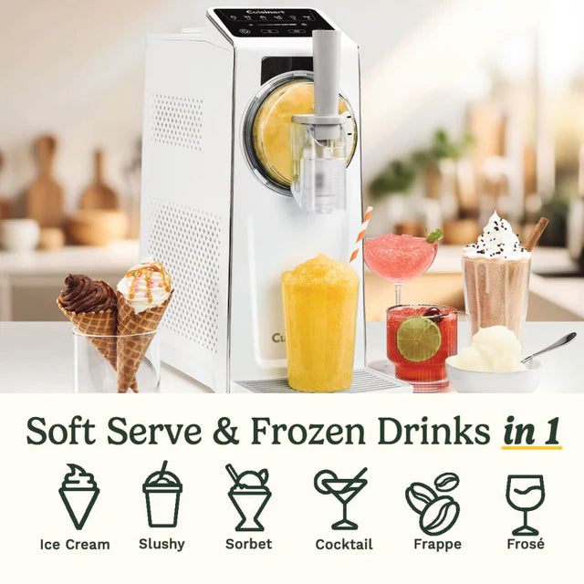 Ice cream and frozen drink machine with various drinks and cones on a kitchen counter.