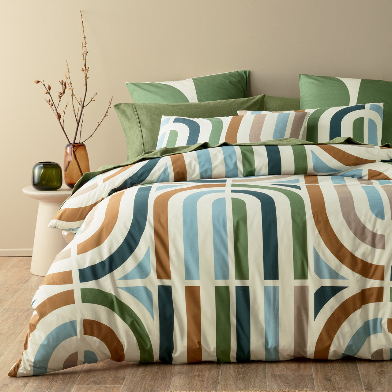 Front on shot of Harlei Quilt Cover Set styled on bed