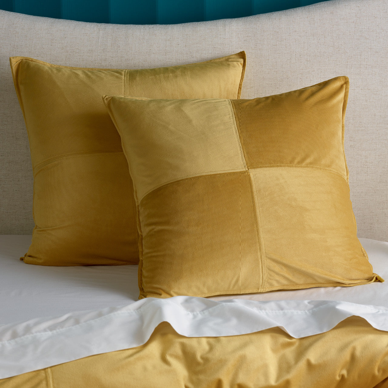 Zoomed in shot of Kenza European Pillowcases on bed