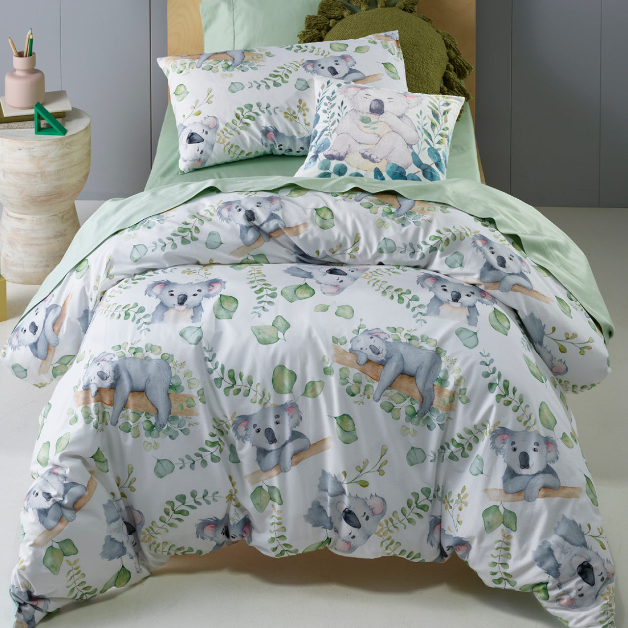 Zoomed out shot of Koala Quilt Cover Set on bed