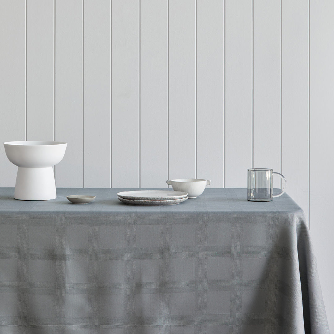 Lifestyle shot of Nevada Tablecloth Grey on table