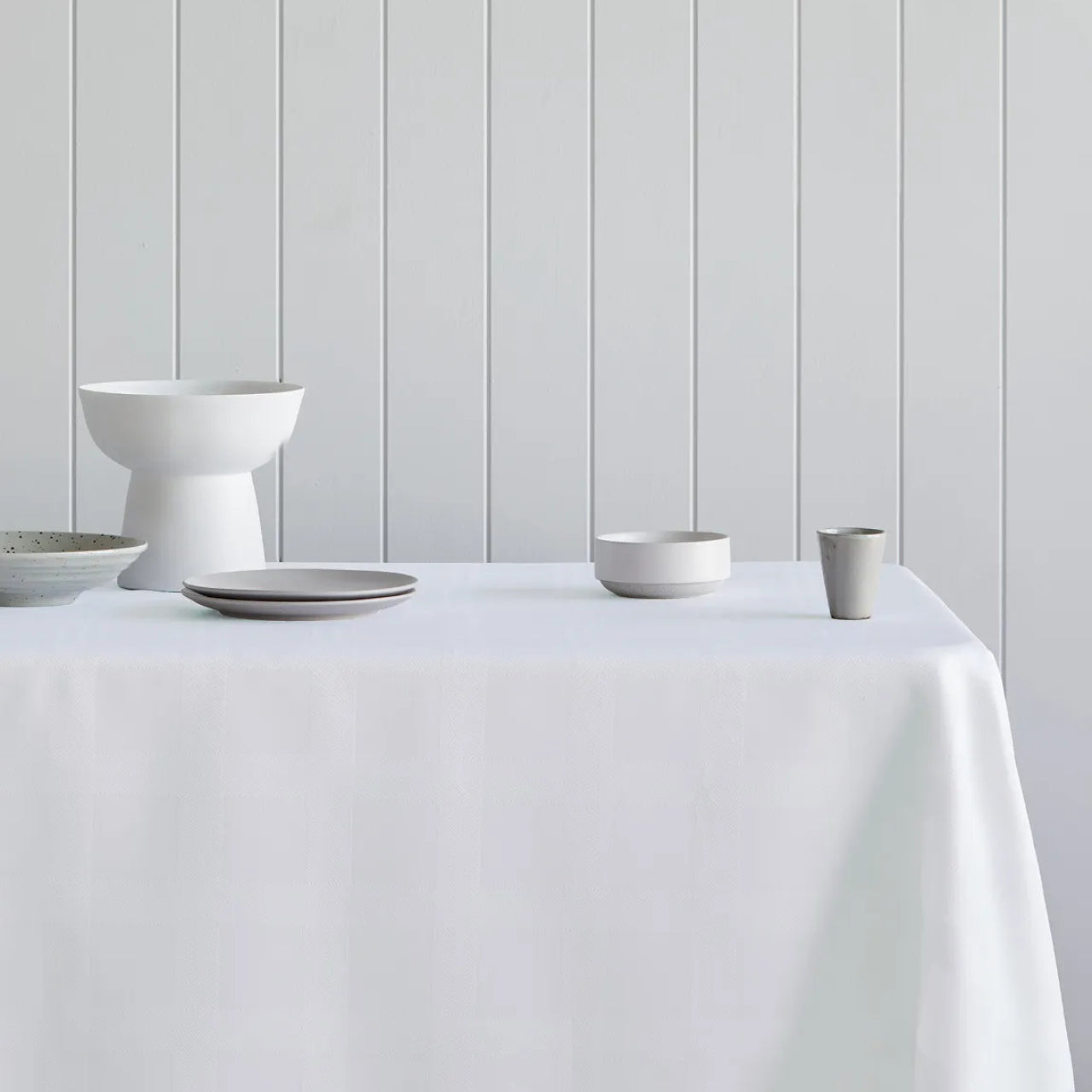 Lifestyle shot of Nevada Tablecloth White on table