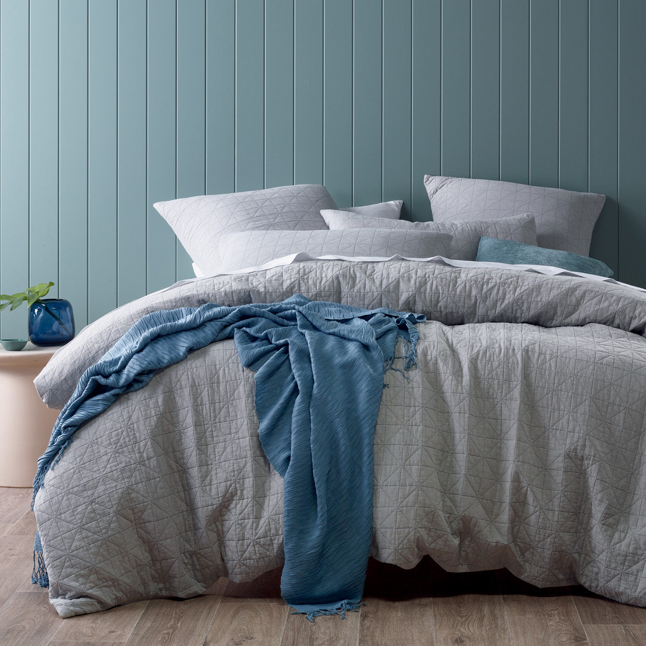Zoomed out shot of Oliver Quilt Cover Set on bed