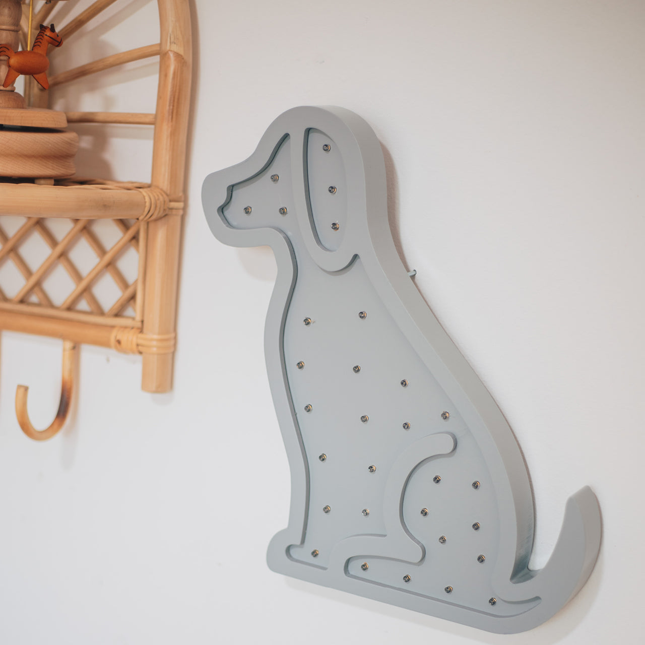 Lifestyle shot of Pawfect Wooden Dog Light hung up