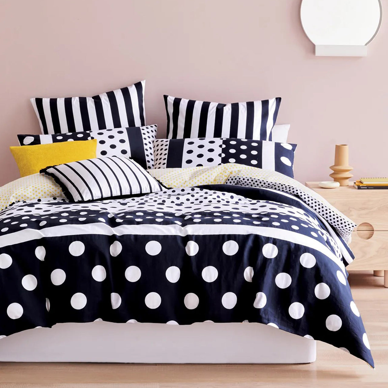 Front on shot of Pia Quilt Cover Set on bed with Cushion Cover