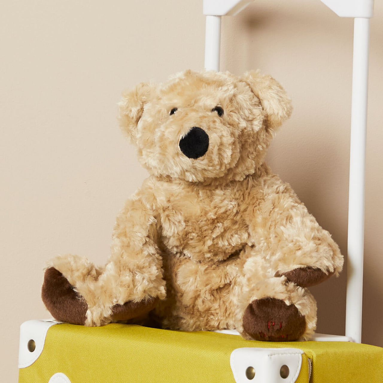 PJ Bear sitting on a suitcase