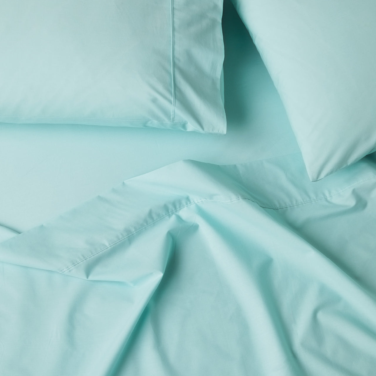 Close up shot of Premium Percale Eggshell Blue Sheets