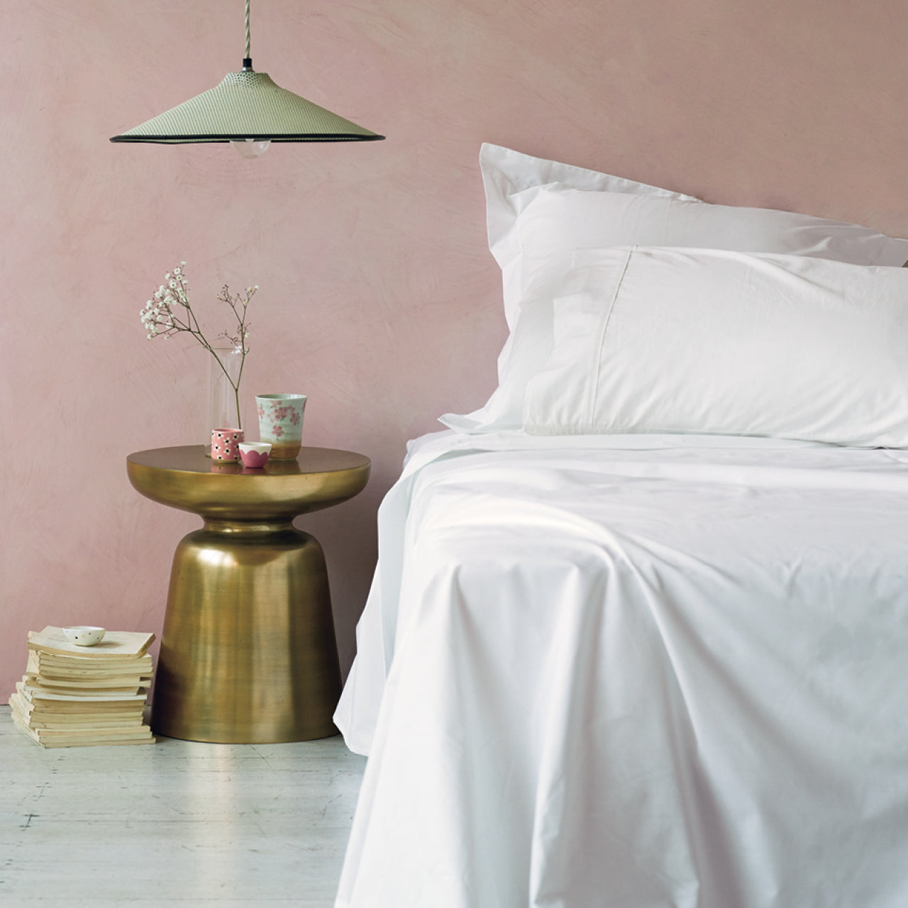 Lifestyle shot of Premium Percale White Sheets on bed