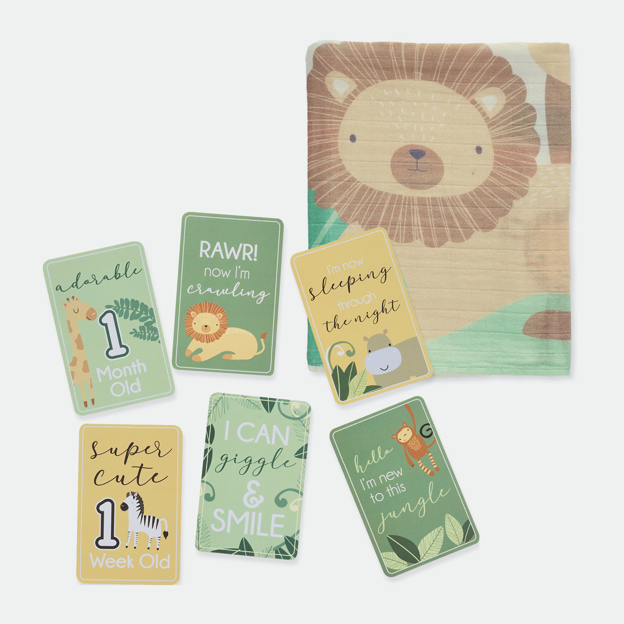 Safari Muslin Blanket and Milestone Cards on white background