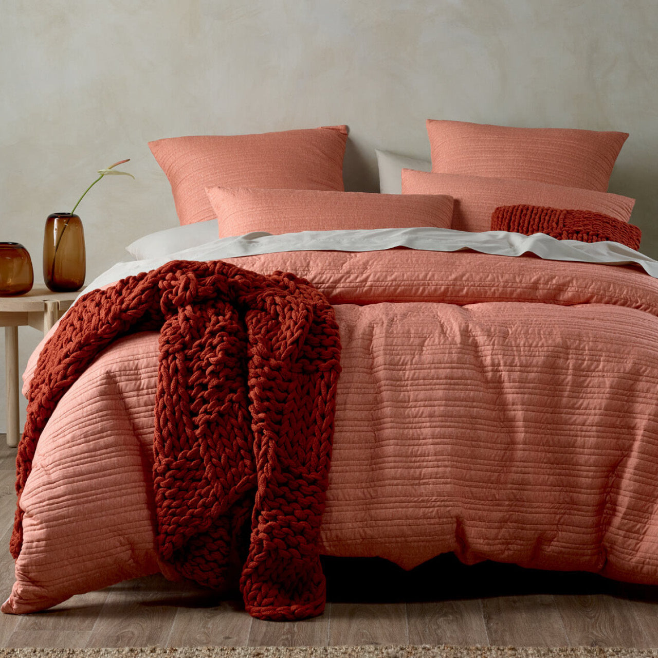 Front on shot of Taya Marle Brandy Quilt Cover Set styled on bed