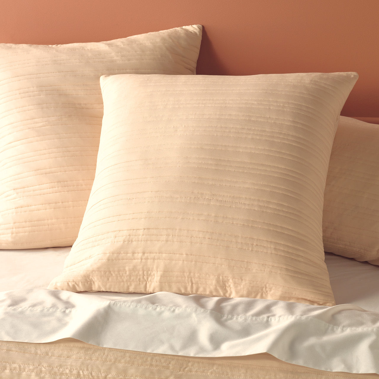 Zoomed in shot of Taya Natural European Pillowcases on bed