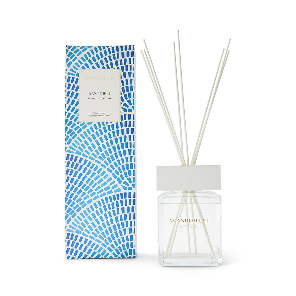 Reed diffuser set with blue patterned packaging on a white background
