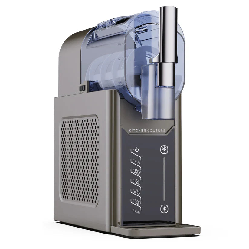 Modern kitchen appliance with a clear container on a white background