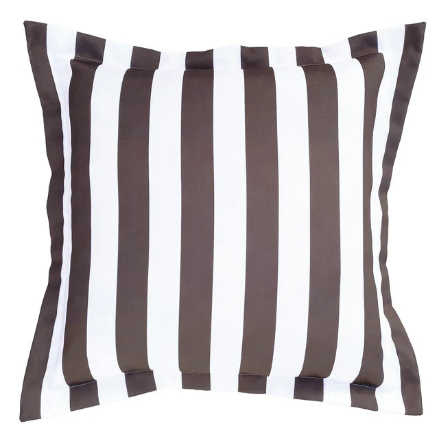 Striped pillow with brown and white vertical stripes on a white background